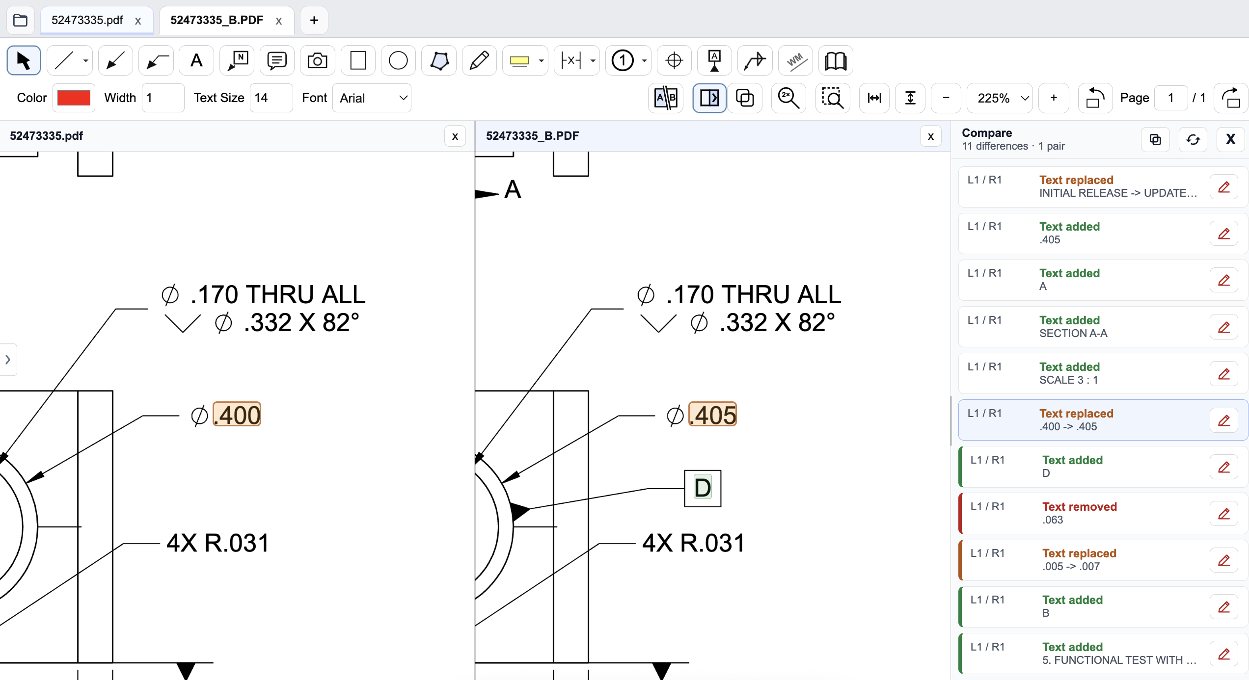 PDF Engineer comparing two drawing revisions with a highlighted diameter change from .400 to .405 and a text-difference list