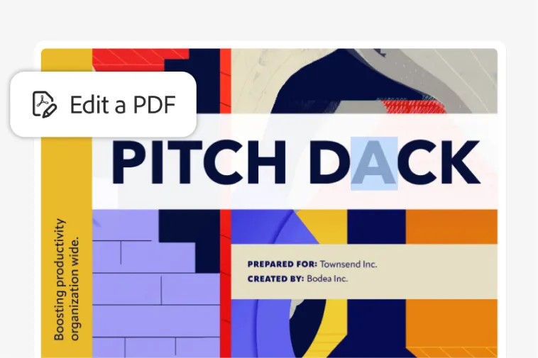 Adobe vendor illustration of Acrobat editing text in a pitch deck PDF