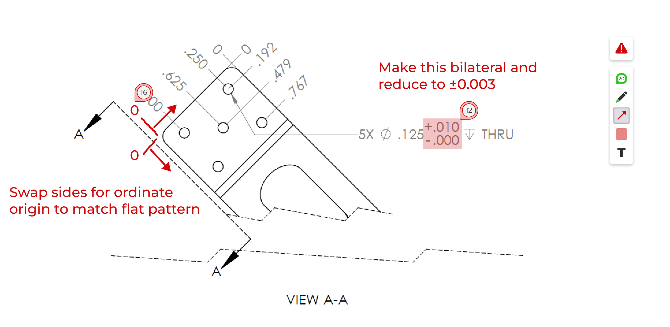 Five Flute vendor drawing-review image with red tolerance feedback, arrows, highlights, and numbered review markers